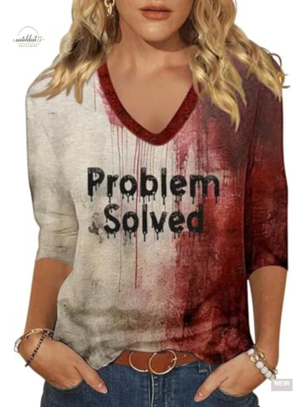 Women's 3/4 Sleeve V Neck Halloween Graphic T-Shirt